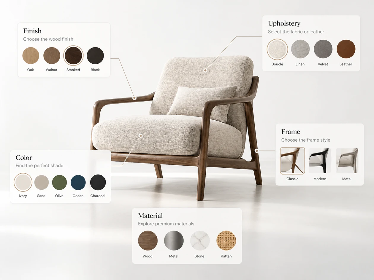 Conceptual furniture product configurator showing one lounge chair and different upholstery, wood and frame options