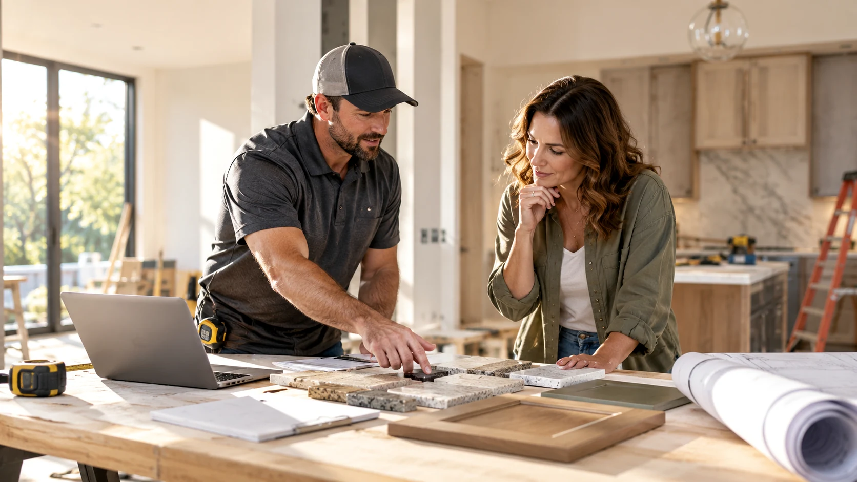 Estimator reviewing technical product options and material samples with a customer