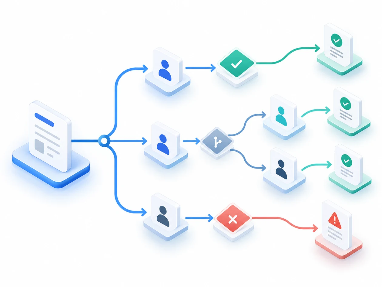 Isometric flowchart routing a request through different reviewers and approval outcomes