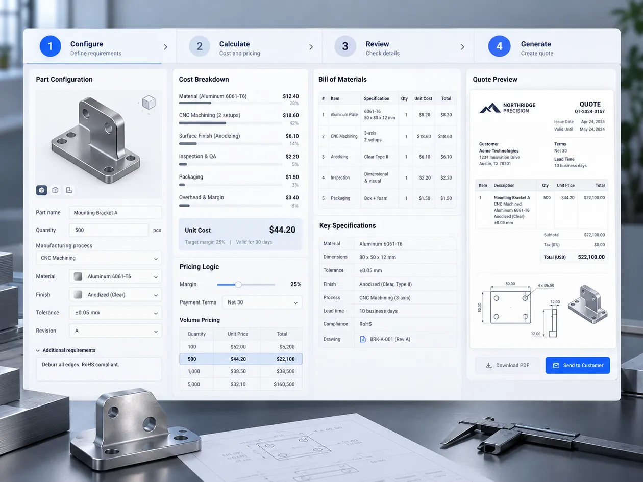 Concept illustration of a technical estimating workflow showing costs, bill of materials and a quote