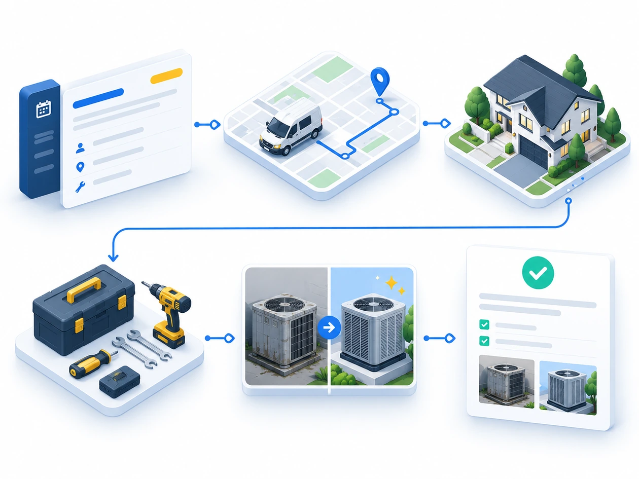 Isometric icons showing a work order, dispatch route, equipment service, before and after evidence, and completion