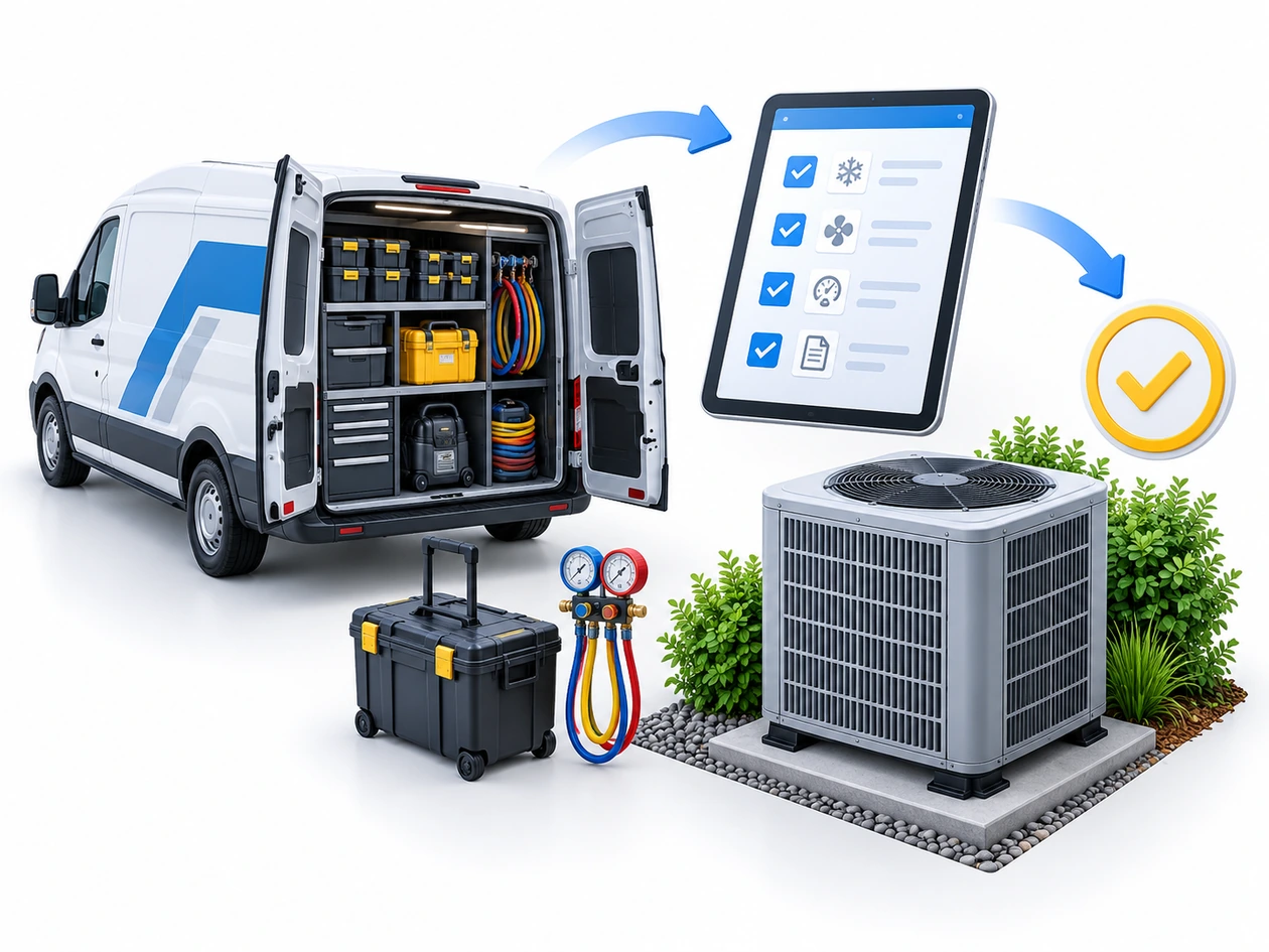 Concept illustration of HVAC field service with equipment, checklist and completion