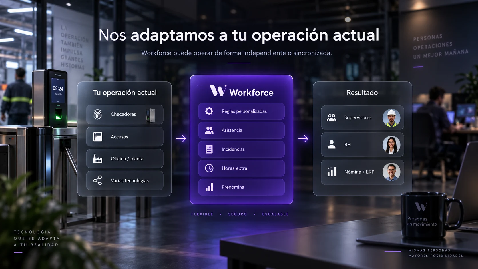 Workforce adaptándose a checadores, accesos, plantas y distintas tecnologías para entregar control a supervisores, RH y nómina